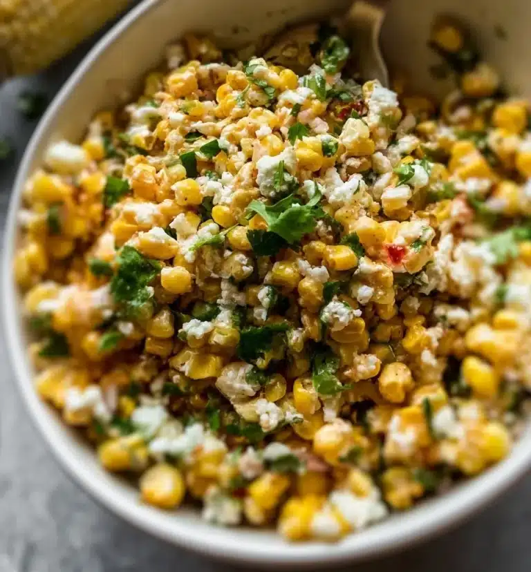 Delicious Street Corn Salad with corn, lime, and spices in a bowl.