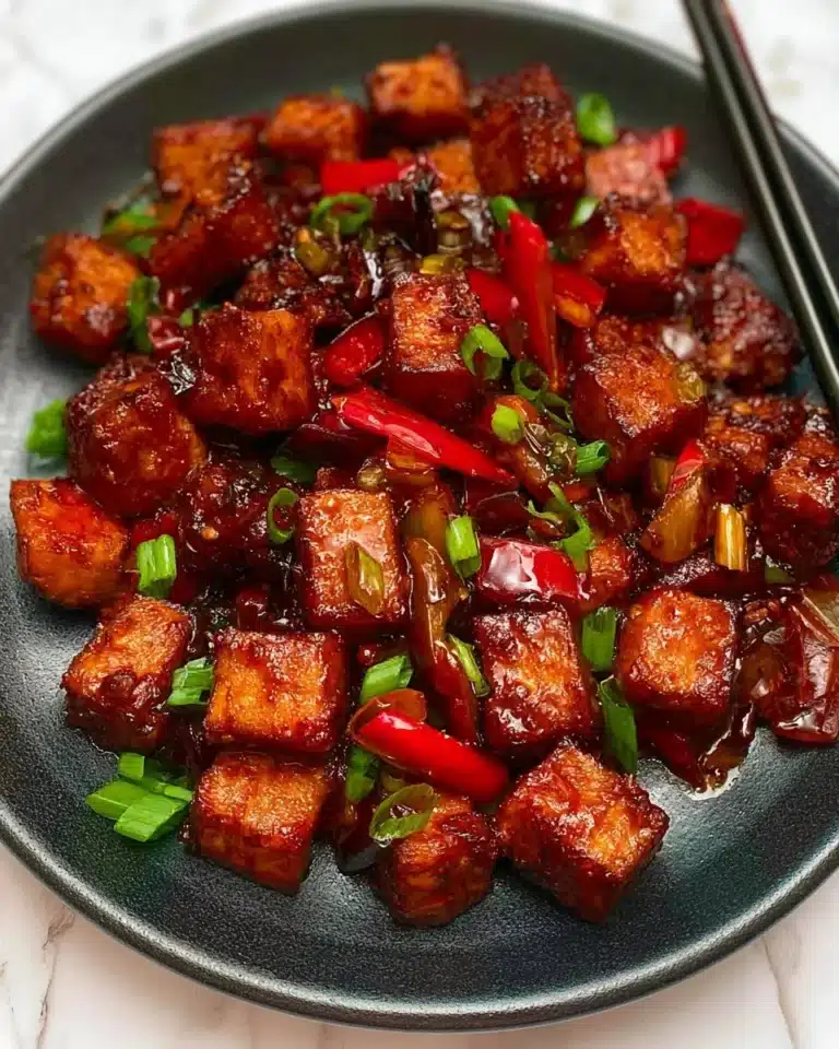 Delicious Szechuan Tofu stir-fry with vibrant vegetables and spicy chili sauce.