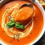 Delicious bowl of homemade Tomato Basil Soup garnished with fresh basil leaves