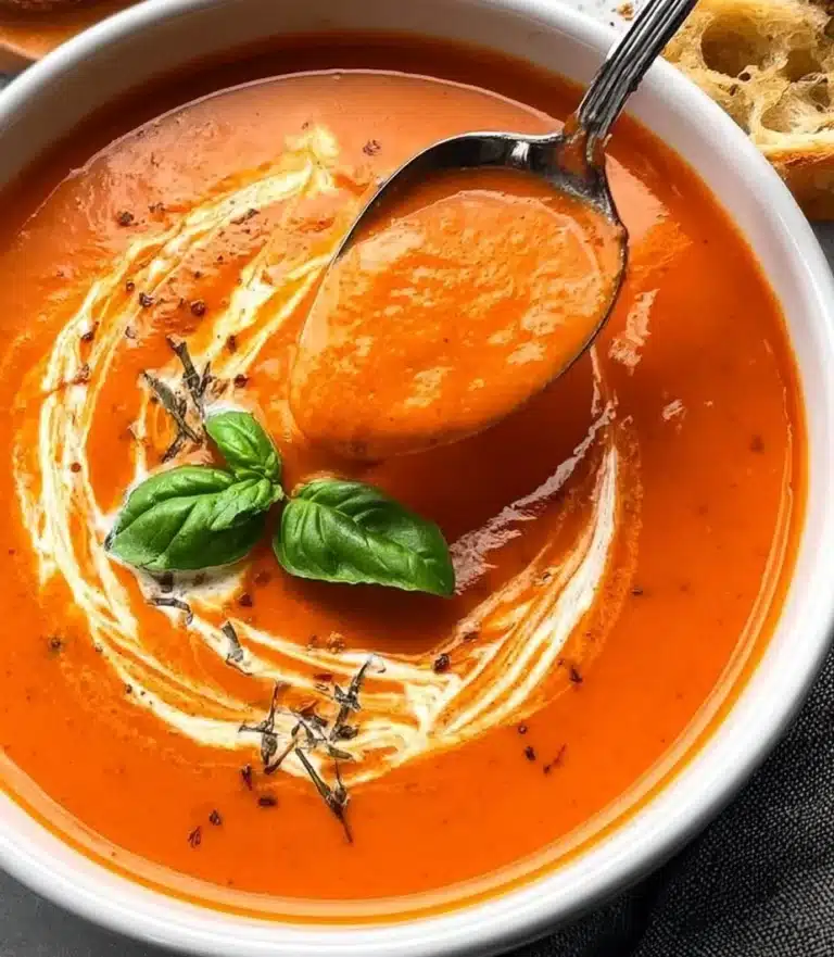 Delicious bowl of homemade Tomato Basil Soup garnished with fresh basil leaves