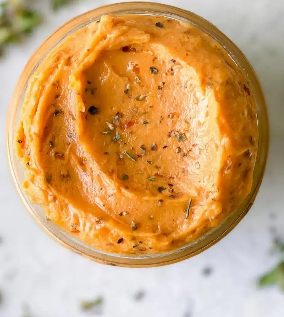 Homemade tomato compound butter served on a slice of bread