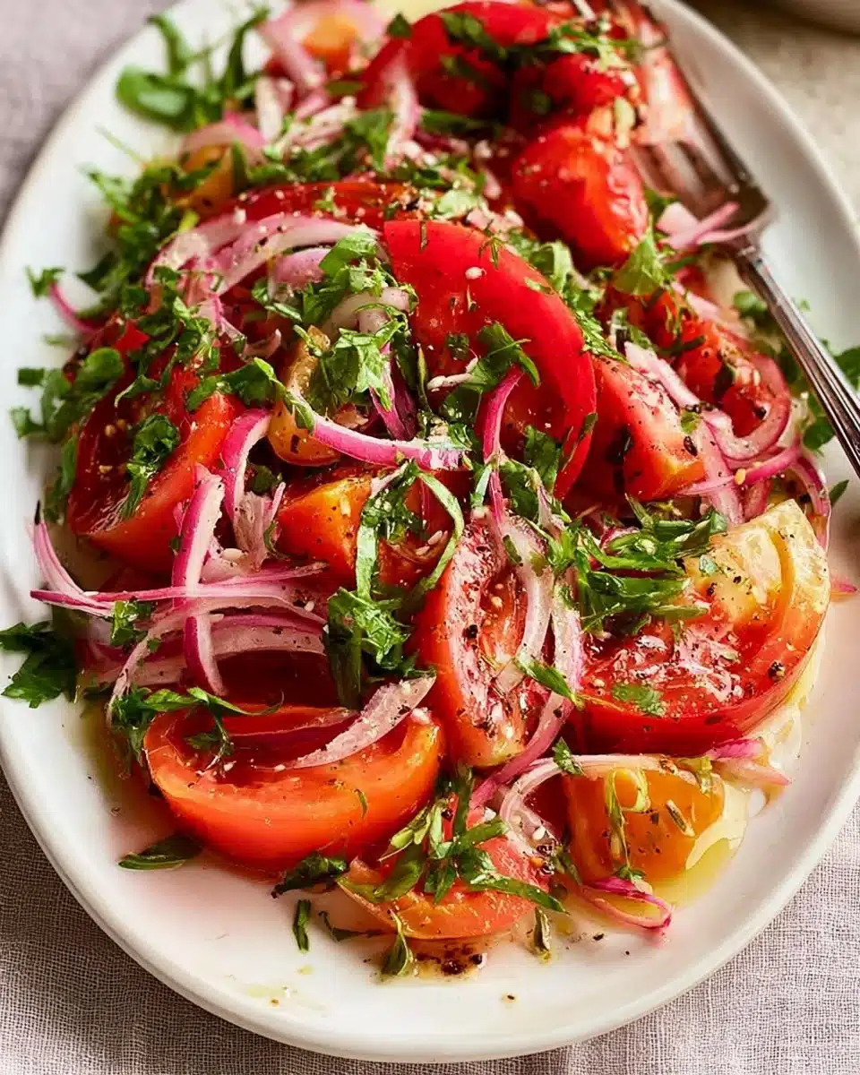 Delicious and colorful tomato salad with fresh ingredients and herbs