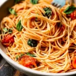 Delicious plate of Tomato Spaghetti with fresh basil and grated cheese