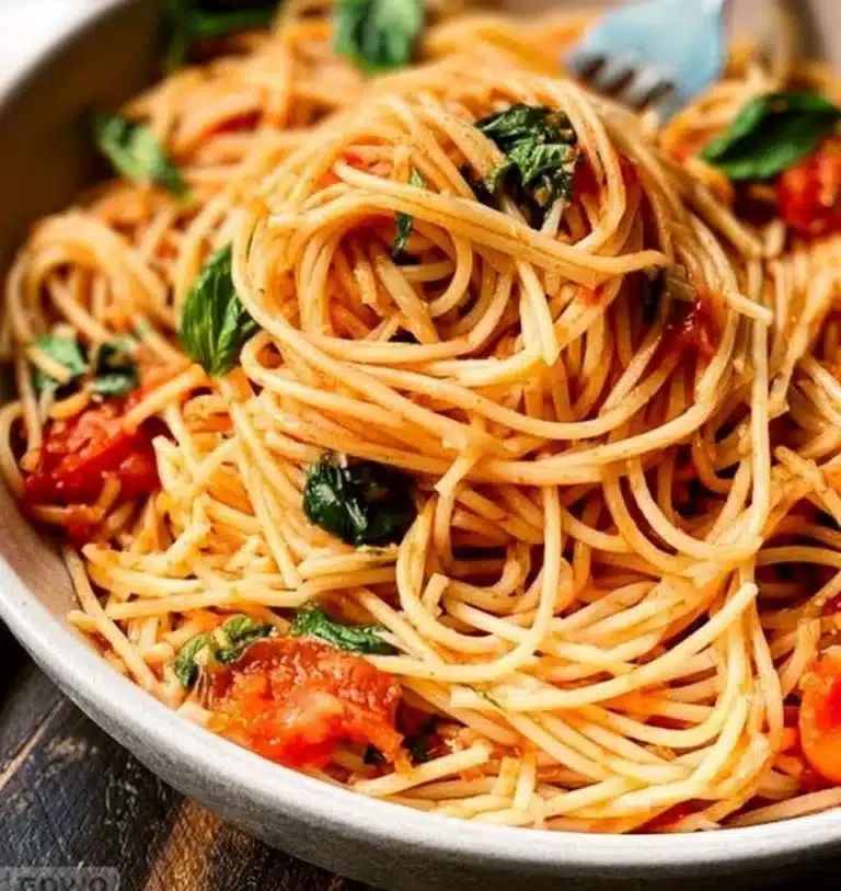Delicious plate of Tomato Spaghetti with fresh basil and grated cheese