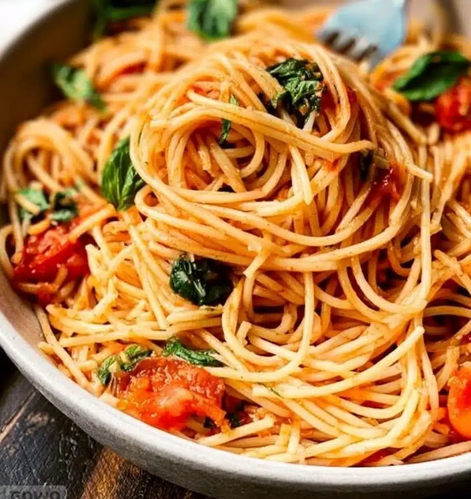 Delicious plate of Tomato Spaghetti with fresh basil and grated cheese