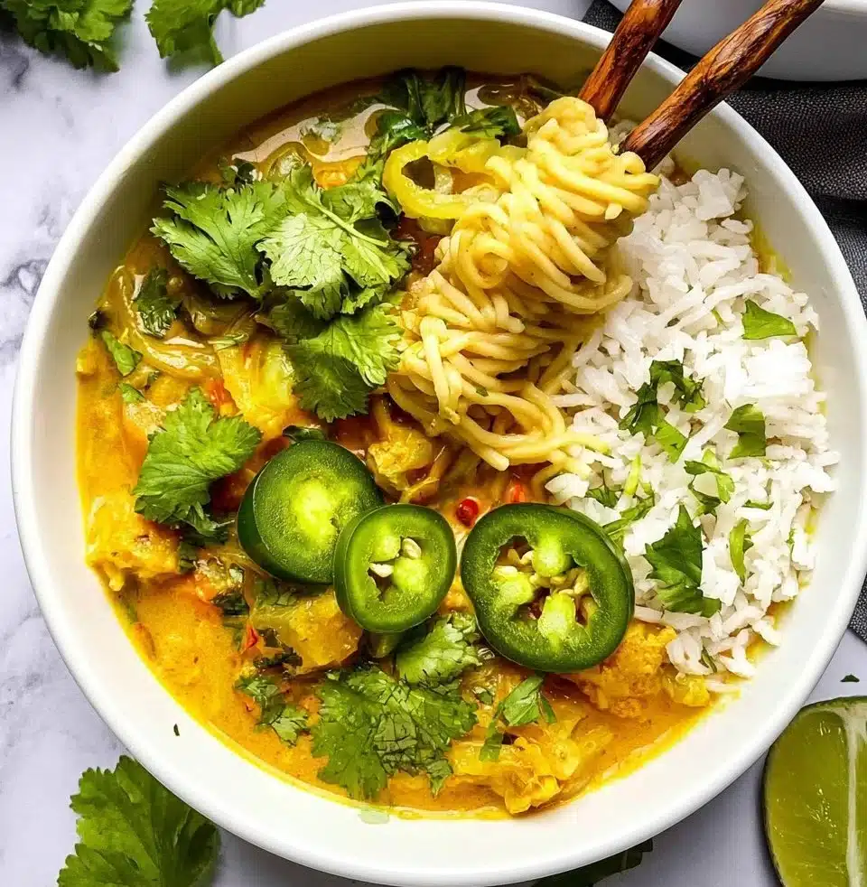 A colorful bowl of vegan curry with fresh vegetables and spices