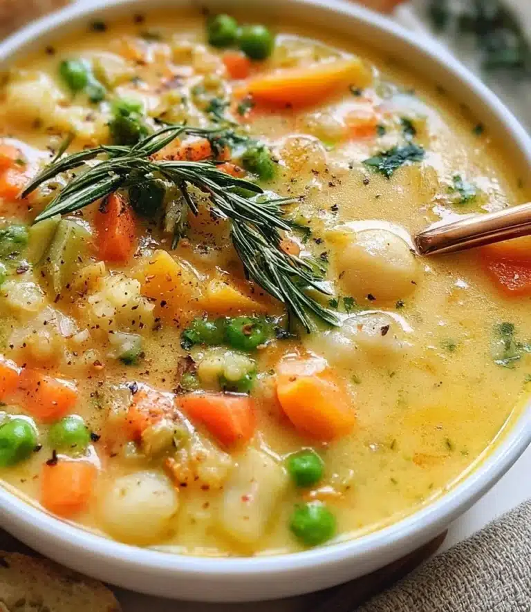 Bowl of hearty vegetable soup with colorful veggies and herbs