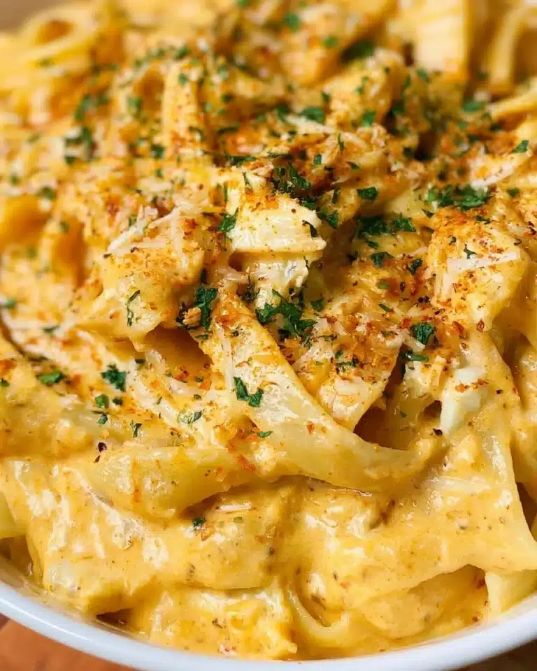 Creamy homemade Alfredo Sauce poured over fettuccine pasta