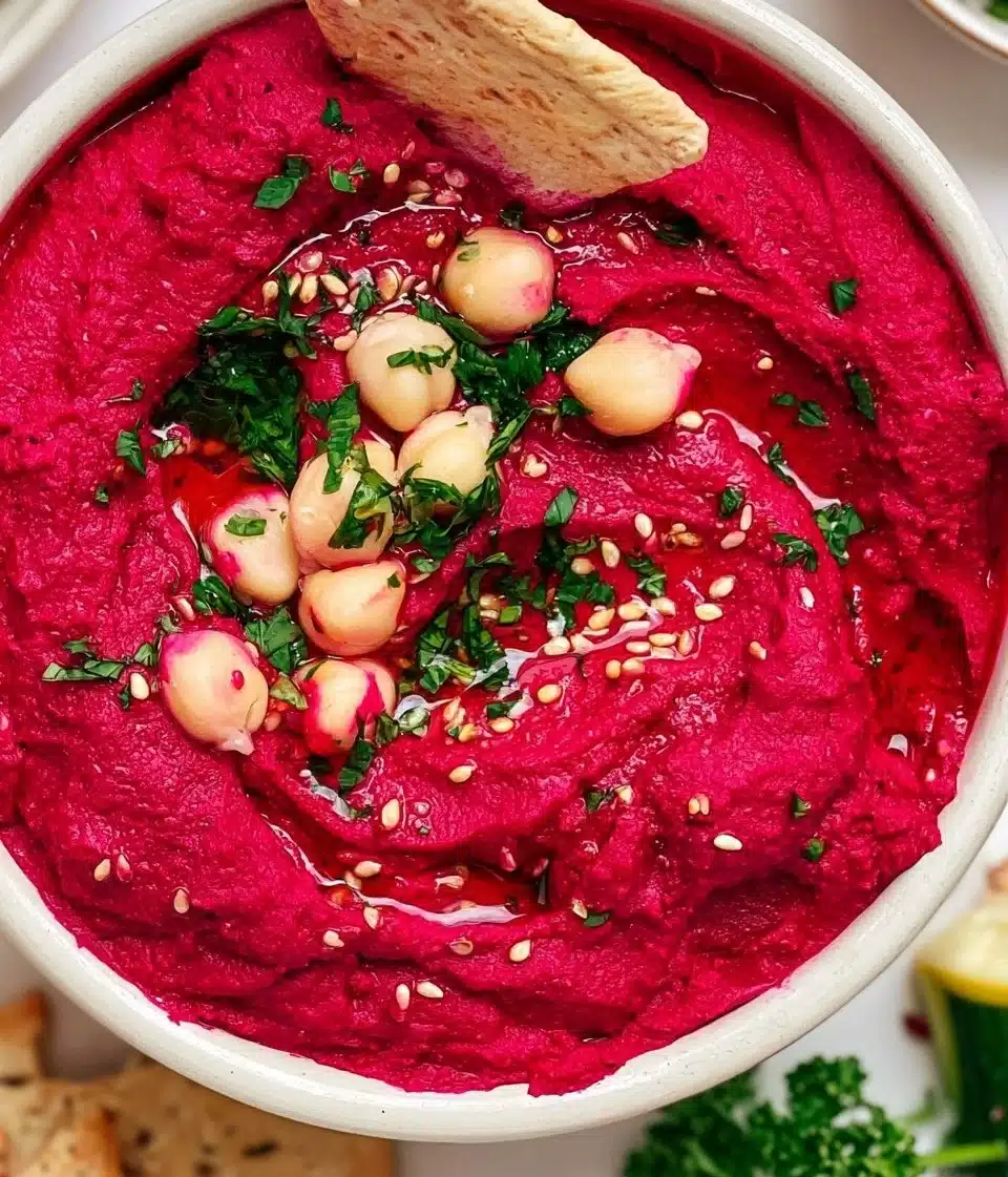 Bowl of vibrant beet hummus served with fresh vegetables and pita chips