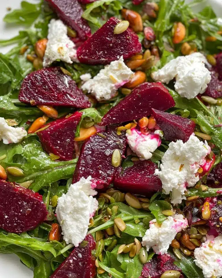 Colorful beet salad with fresh greens and nuts served in a bowl