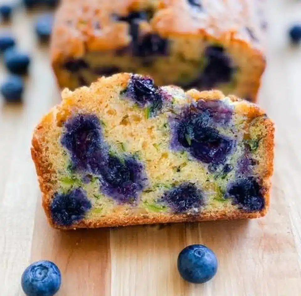 Loaf of freshly baked blueberry zucchini bread with a slice cut out