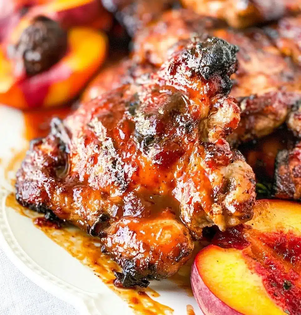 Delicious Bourbon Peach BBQ Chicken on a grill with vibrant peaches and sauce.