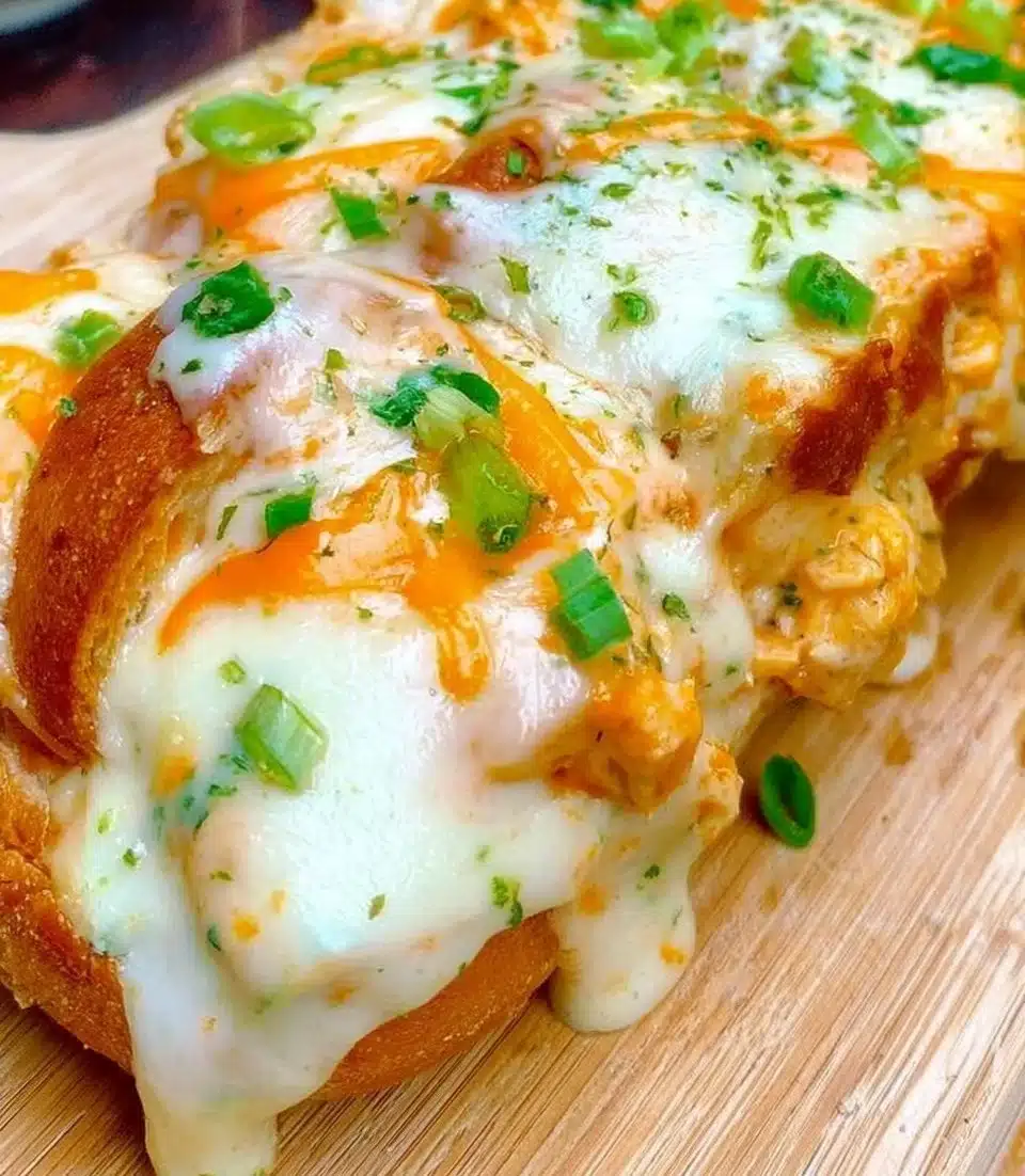 Buffalo Chicken Garlic Bread topped with melted cheese and fresh herbs