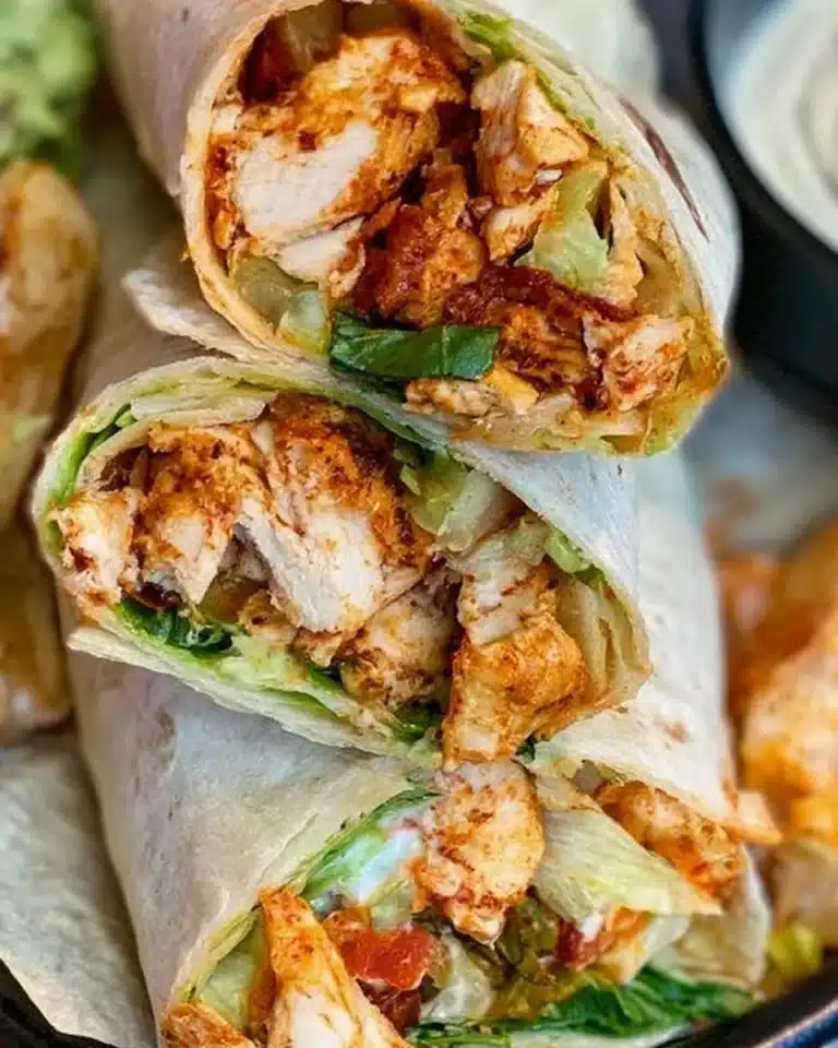 Delicious Buffalo Chicken Wrap with spicy chicken, vegetables, and creamy sauce