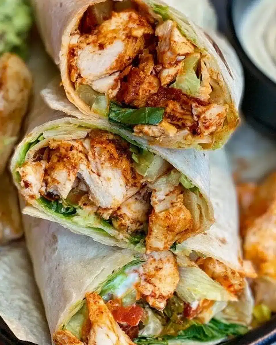 Delicious Buffalo Chicken Wrap with spicy chicken, vegetables, and creamy sauce