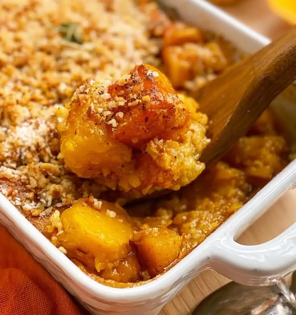 Delicious butternut squash casserole topped with herbs and cheese