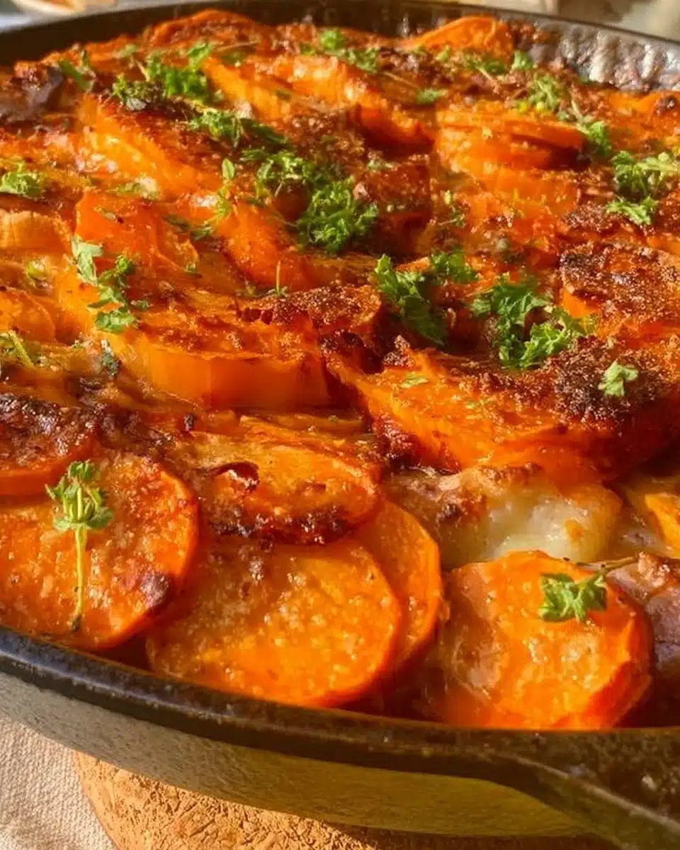 Butternut squash gratin with sweet potatoes and potatoes in a baking dish
