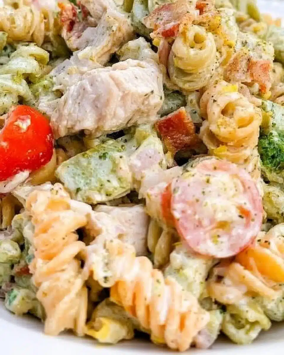 Bowl of Chicken Bacon Ranch Pasta Salad with fresh ingredients and dressing.