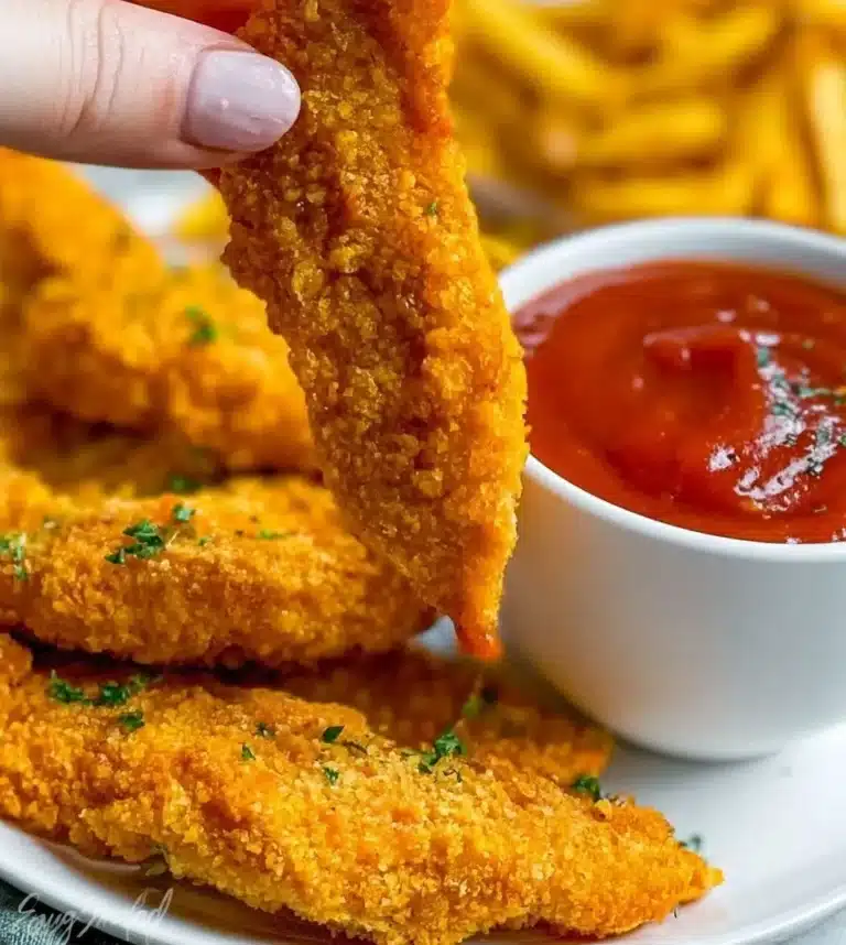 Crispy chicken tenders served with a dipping sauce