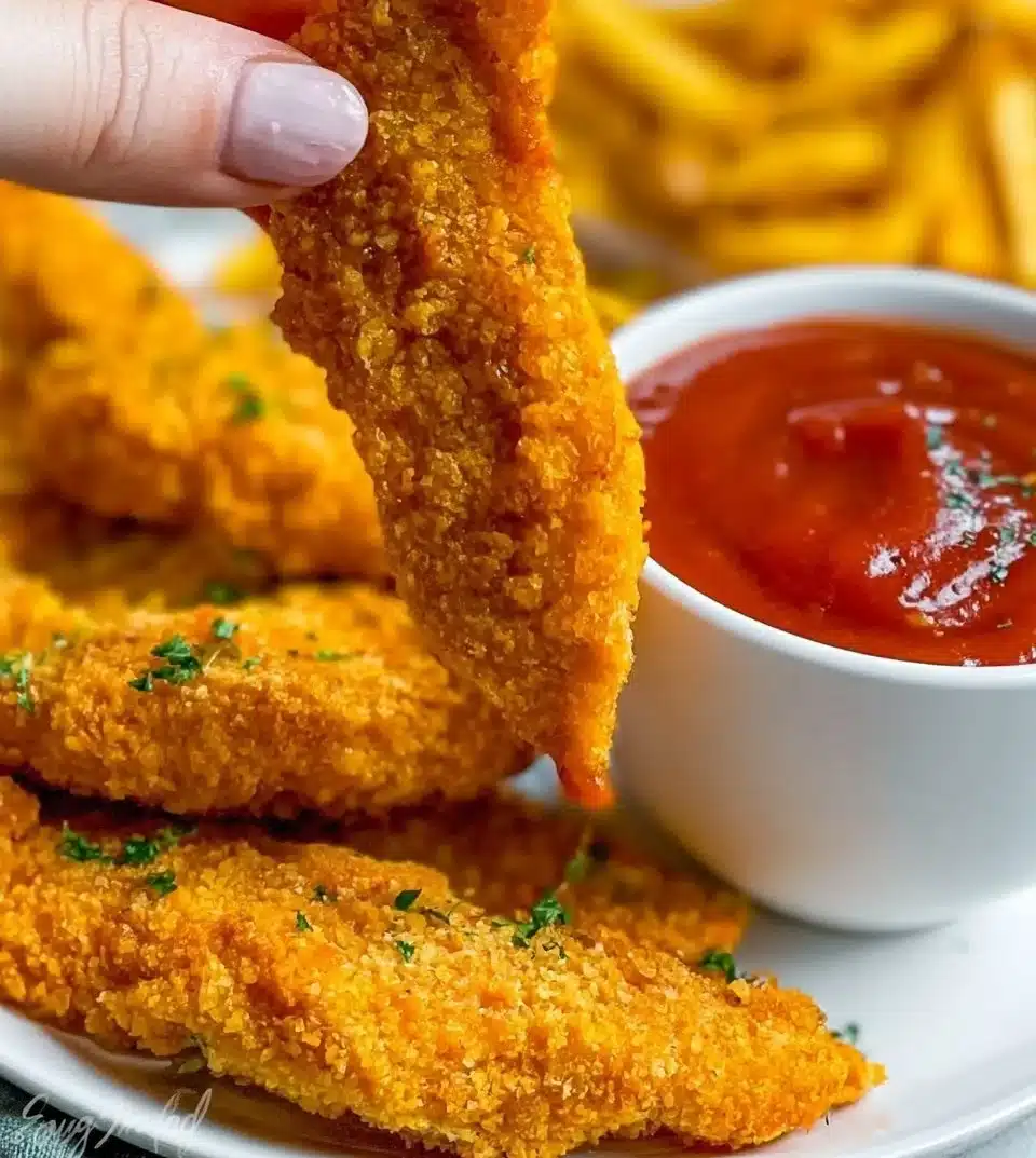 Crispy chicken tenders served with a dipping sauce