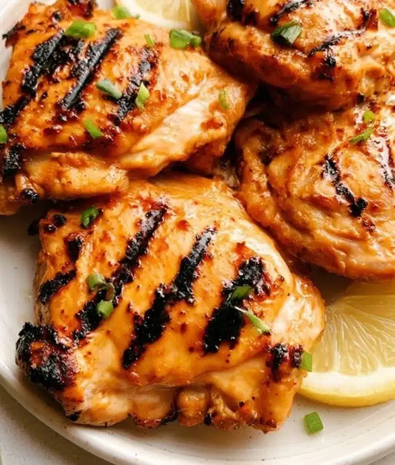 Deliciously cooked chicken thighs on a plate with herbs and spices
