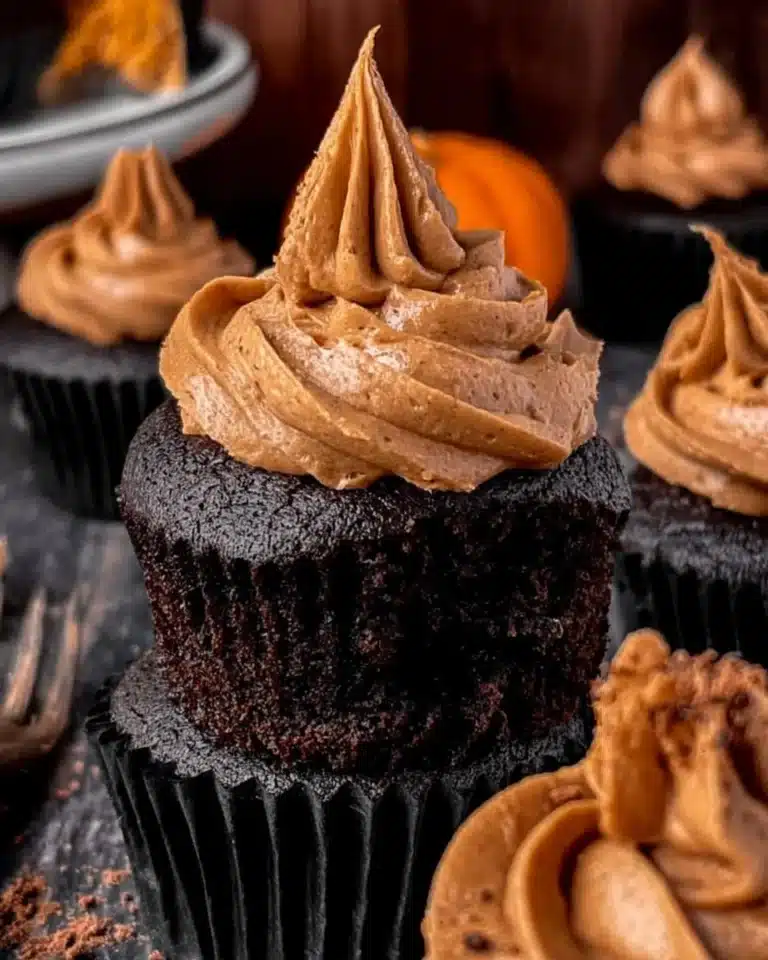 Chocolate pumpkin cupcakes topped with creamy frosting and pumpkin sprinkles