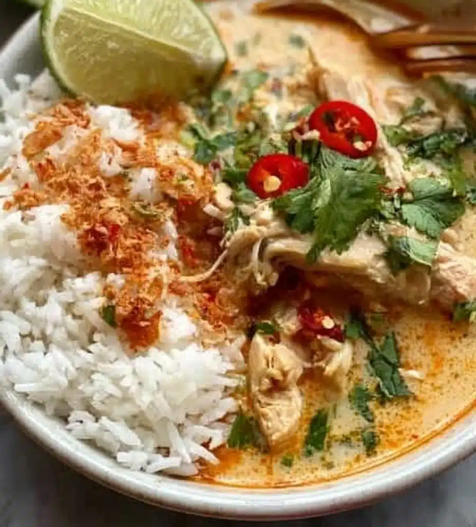 Delicious Coconut Chicken served with aromatic rice and coconut sauce.