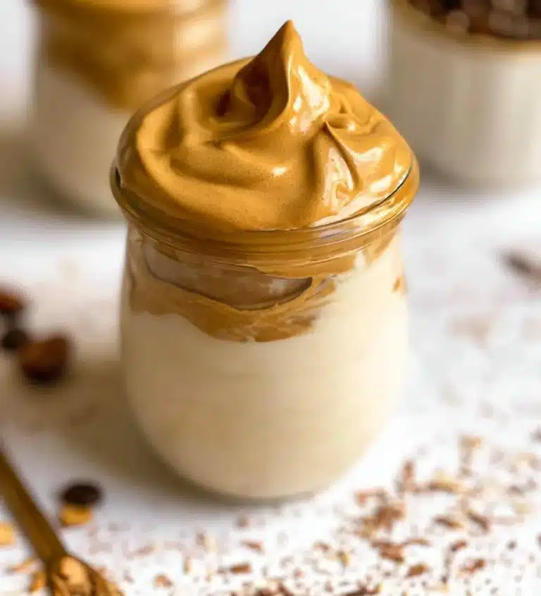 Delicious Dalgona Coffee topped with frothy whipped cream in a glass
