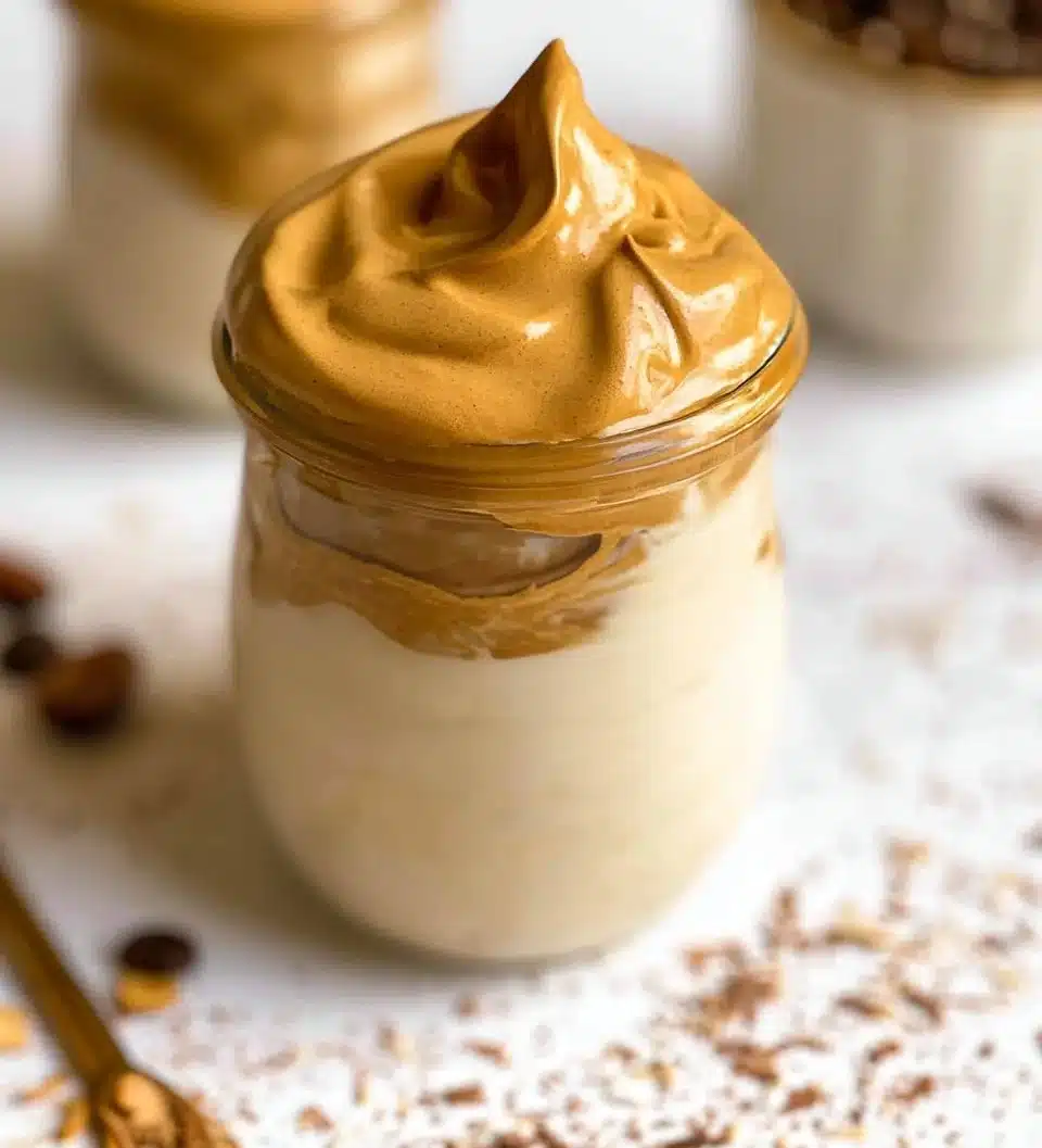 Delicious Dalgona Coffee topped with frothy whipped cream in a glass