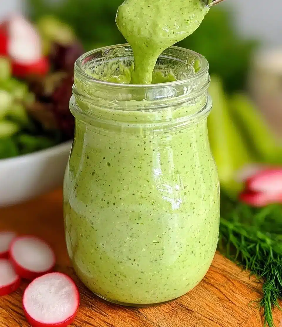 Creamy Green Goddess Dressing made from fresh herbs and avocados.
