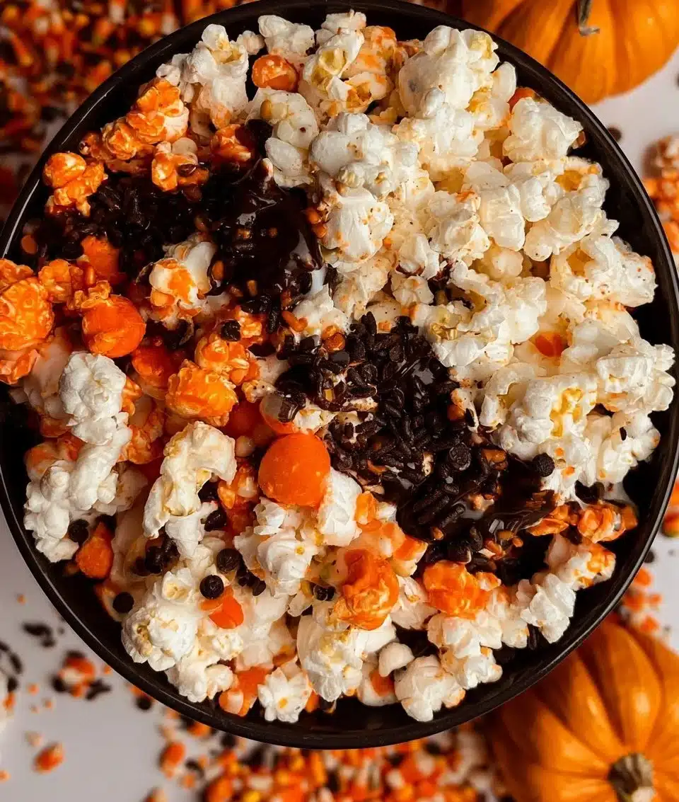 Colorful Halloween popcorn with seasonal decorations and spooky themes.
