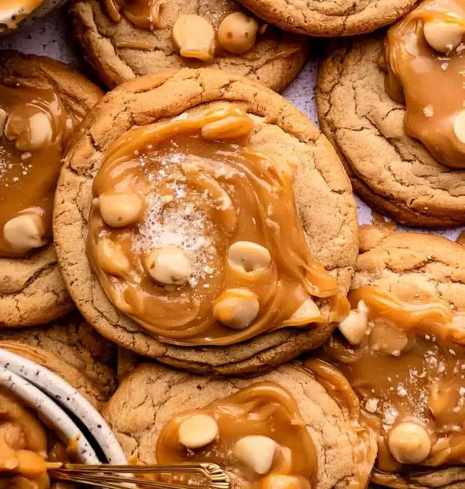 Freshly baked Harry Potter Butterbeer Cookies on a wooden table.