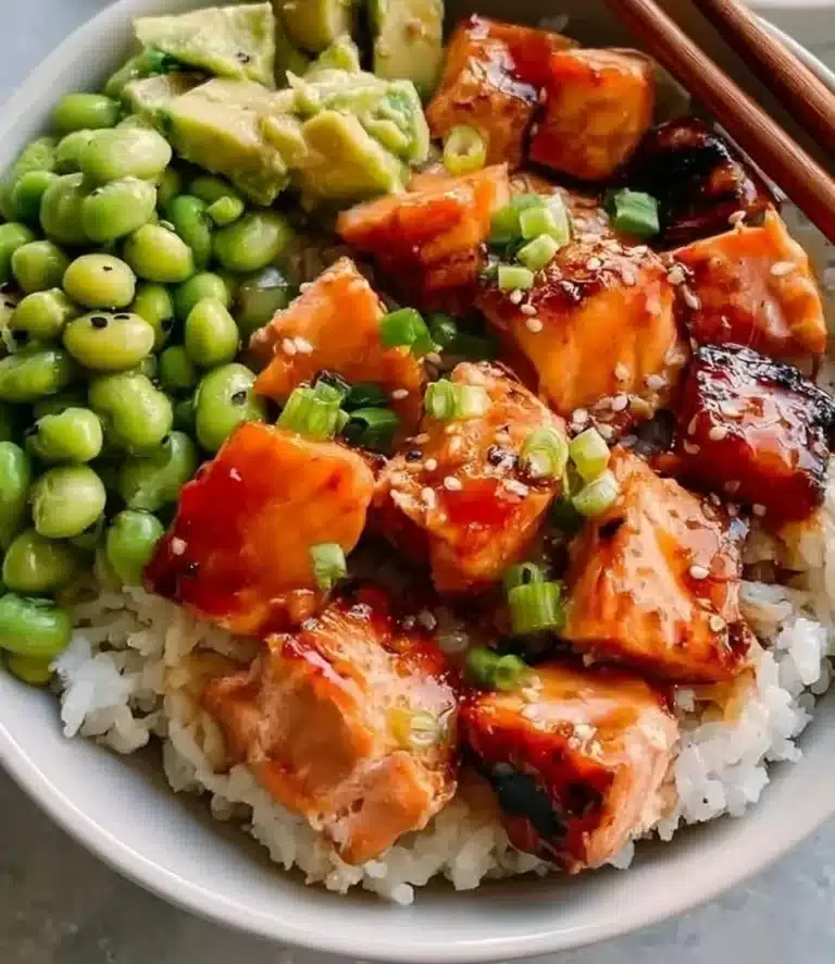 Delicious honey salmon bowl with fresh vegetables and grains
