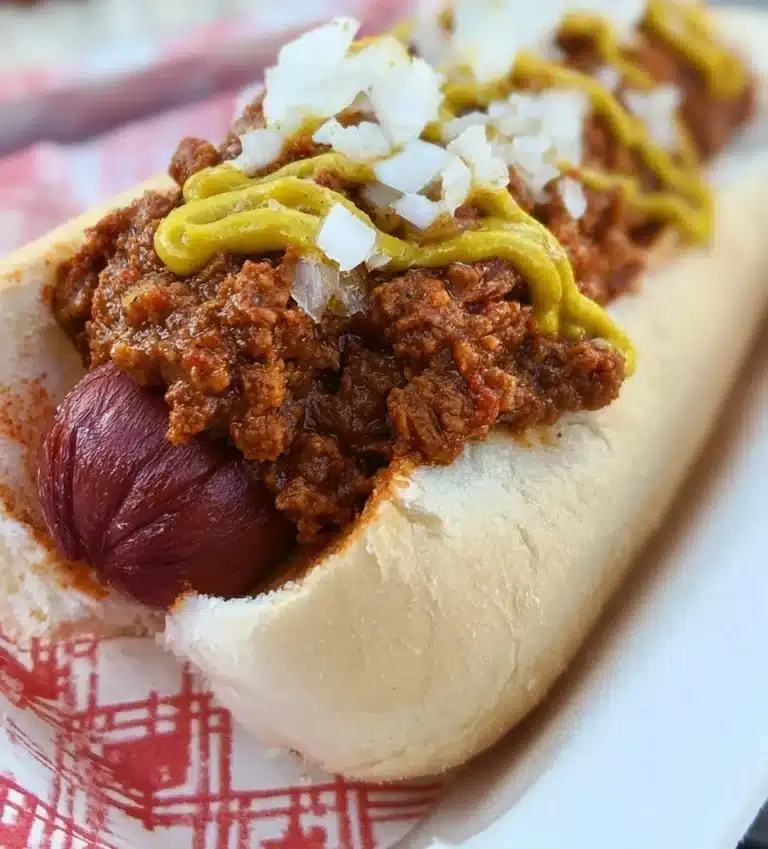 Delicious bowl of hot dog chili topped with cheese and onions