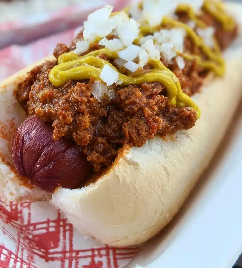 Delicious bowl of hot dog chili topped with cheese and onions