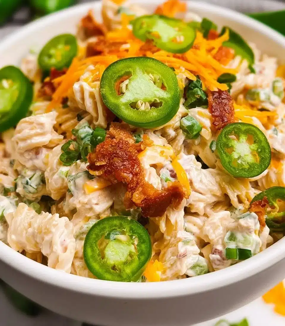 Delicious Jalapeño Popper Pasta Salad with creamy dressing and spicy jalapeños
