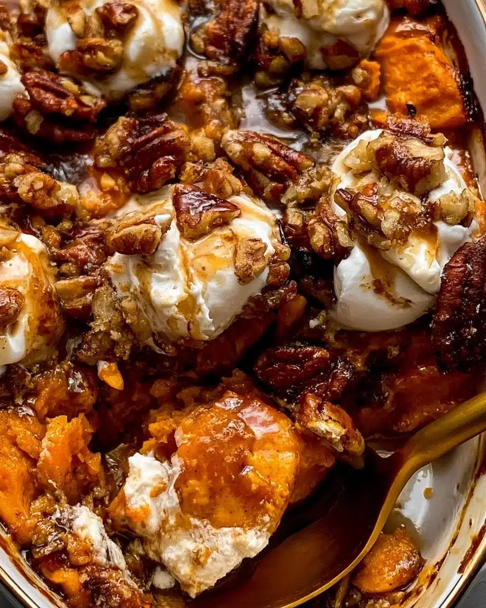 Maple Sweet Potato Casserole topped with pecans and marshmallows
