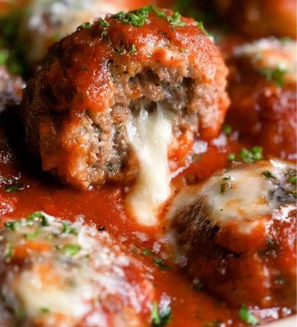 Deliciously baked mozzarella meatballs served in a rich tomato sauce.
