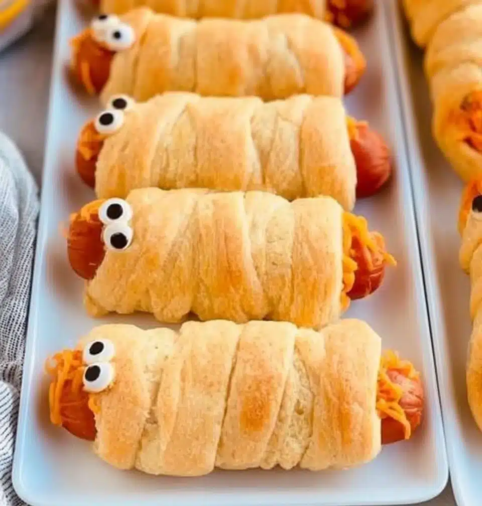 Plate of spooky Mummy Dogs wrapped in puff pastry for Halloween