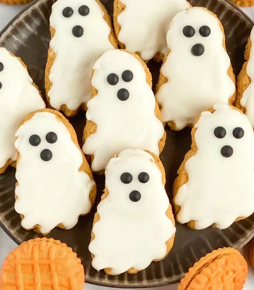 Nutter Butter Ghost Cookies decorated for Halloween