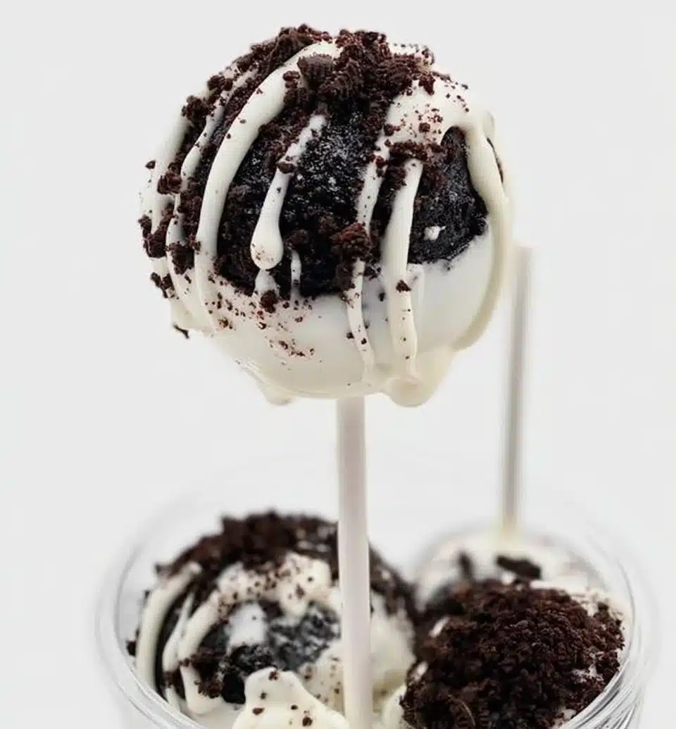 Delicious homemade Oreo Cake Pops decorated with chocolate drizzle
