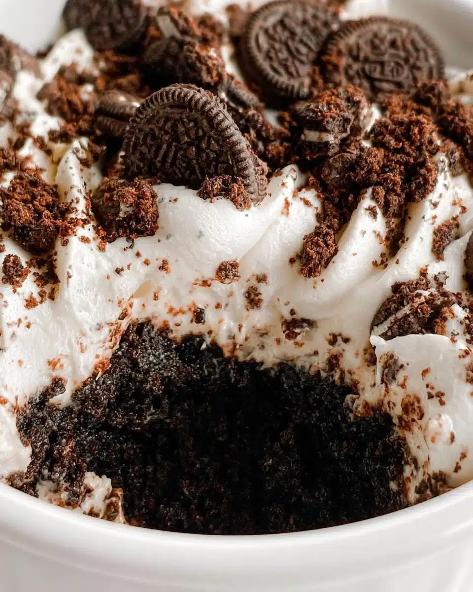 Delicious Oreo Mug Cake topped with crushed Oreos and chocolate drizzle