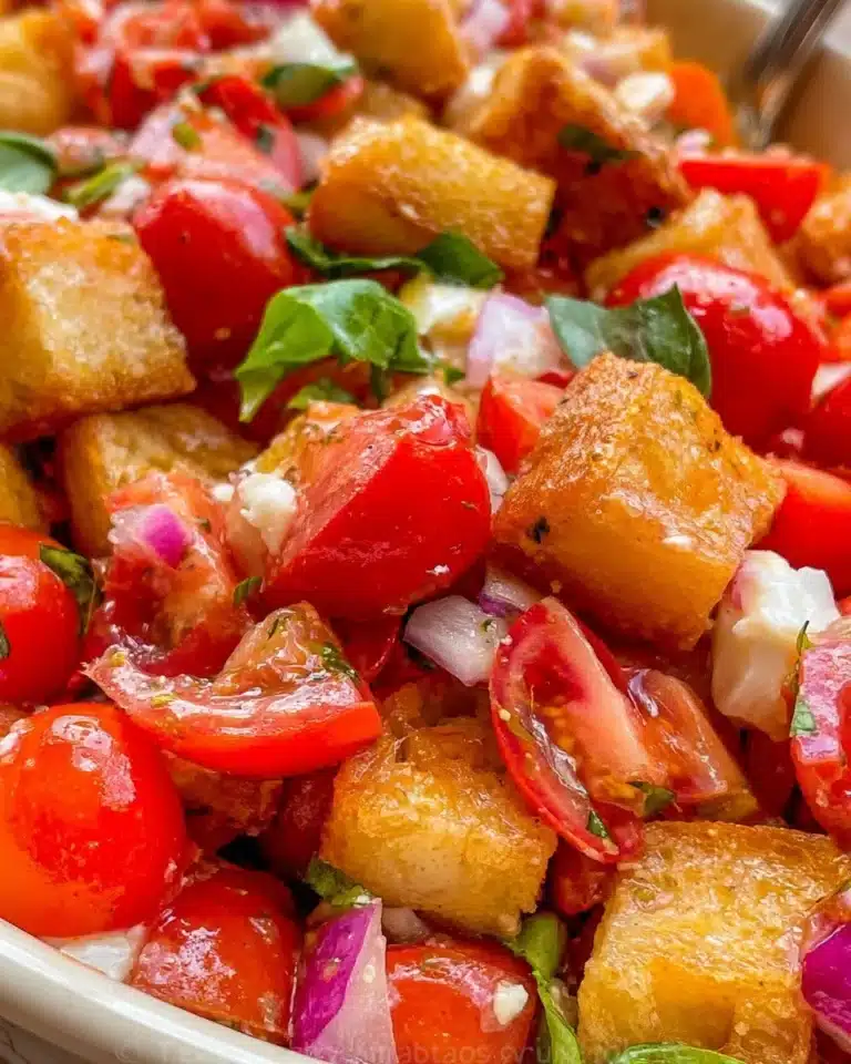 Vibrant Panzanella Salad with tomatoes, bread, and basil on a plate