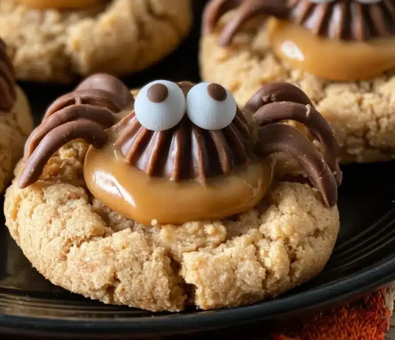 Delicious peanut butter spider cookies with chocolate accents for Halloween.