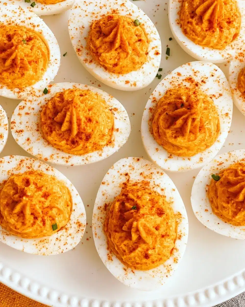 Delicious Pumpkin Deviled Eggs garnished with paprika and herbs.
