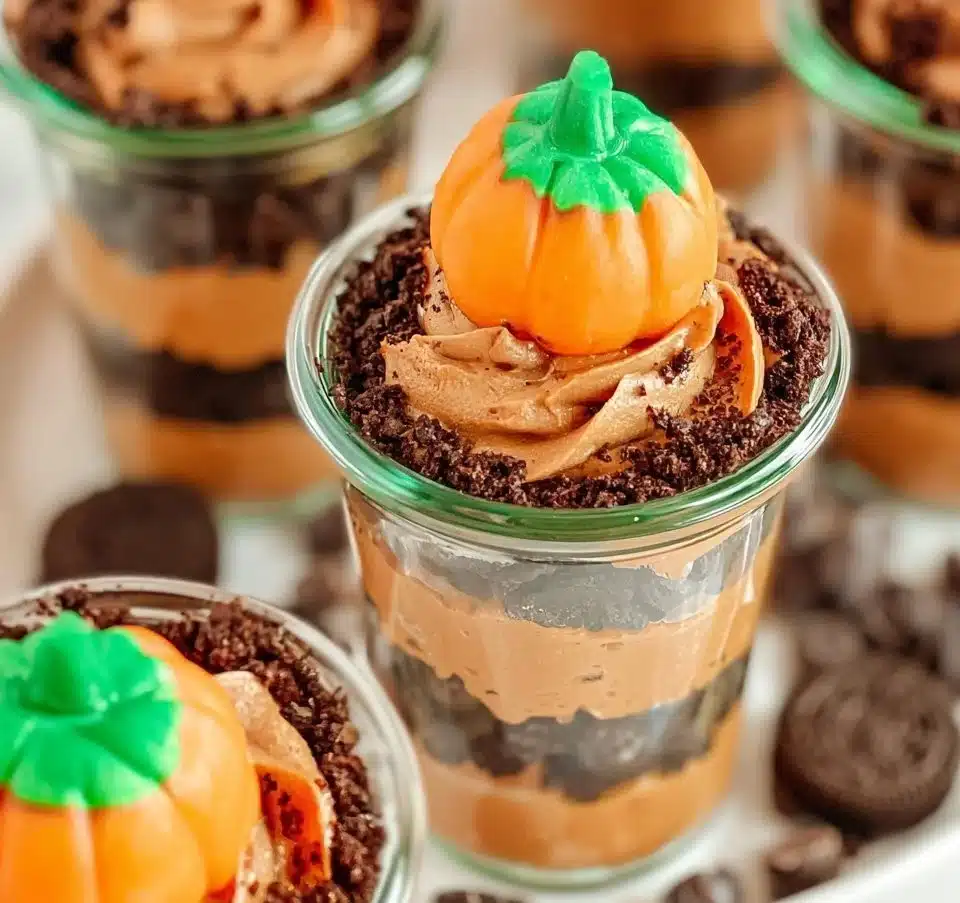 Delicious Pumpkin Dirt Cups dessert with layers of pumpkin and chocolate cookie crumbles