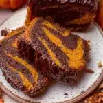 Pumpkin Marble Cake with chocolate swirls on a decorative plate