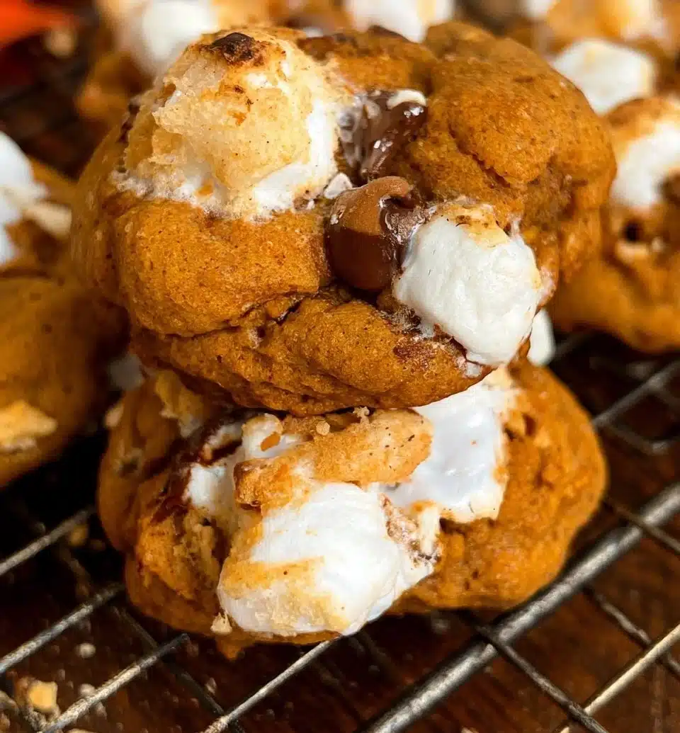 Delicious Pumpkin Smores Cookies with chocolate and marshmallow filling