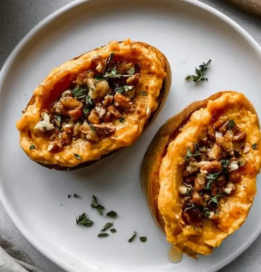 Creamy Pumpkin Whipped Feta spread in a bowl with herbs