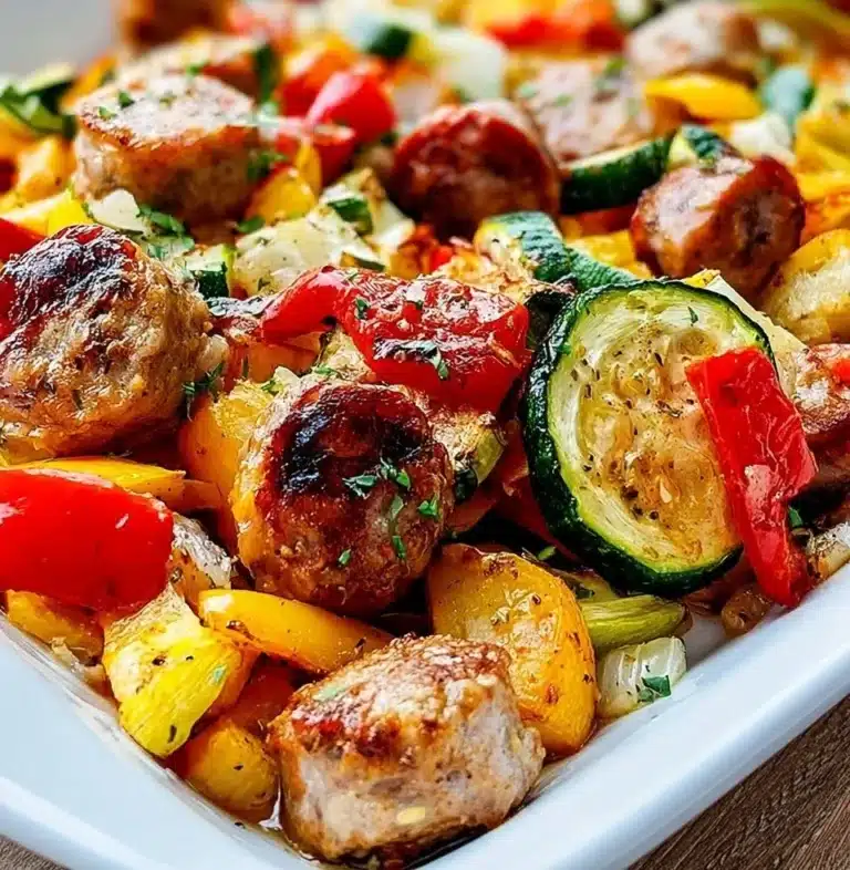 Plate of sausage, peppers, and zucchini squash dish